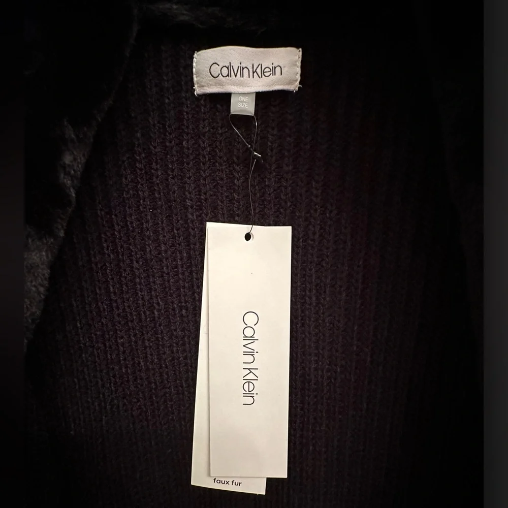 Calvin Klein Black Faux Fur Trim Knit Open Front Wrap Poncho Cape - Picture 5 of 5